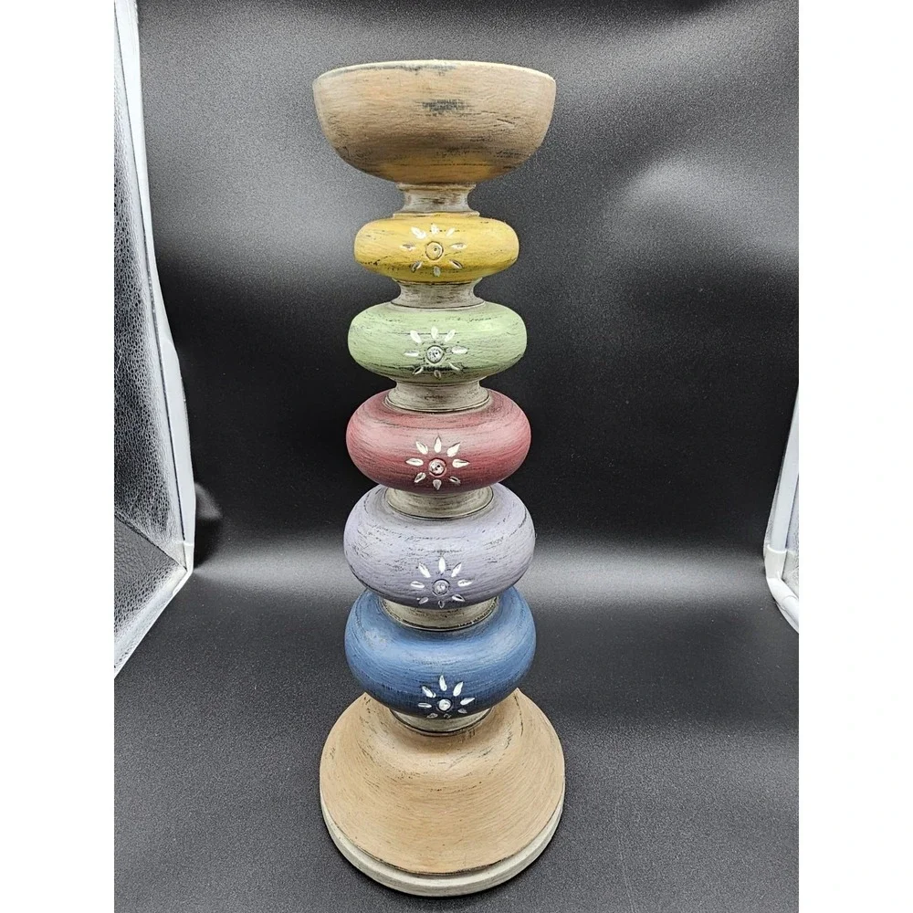 Pier 1 Tall Wooden Pillar Candlestick Rainbow Colors